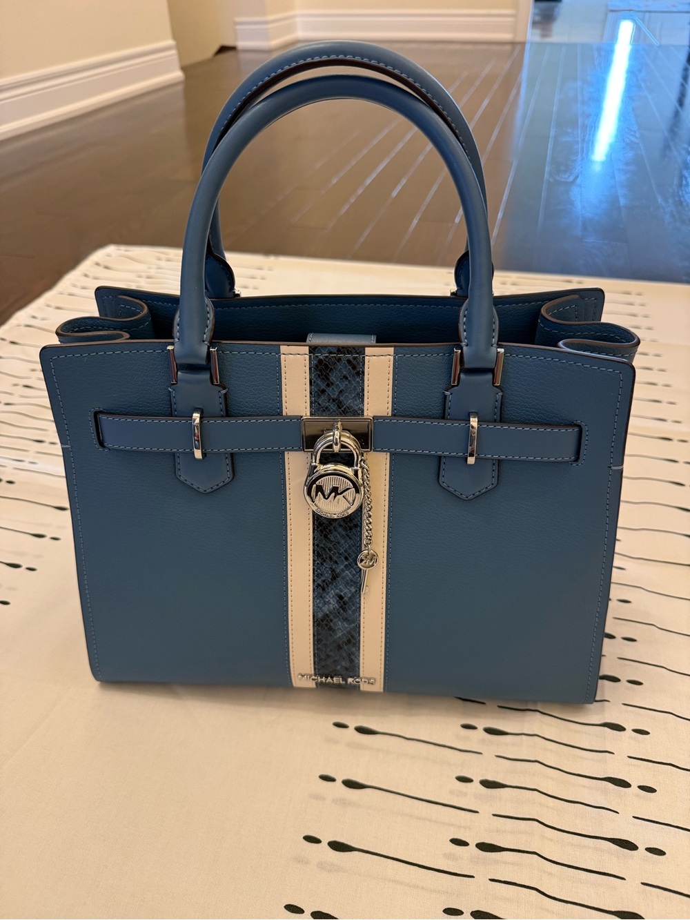 Michael Kors Hamilton Medium Leather and Snake Embossed Stripe Satchel in blue.
